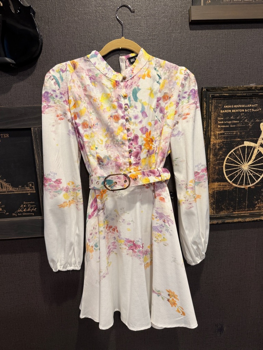 Ariel Tesoro Floral Belted Long-Sleeve Mini Dress - White/Pastel